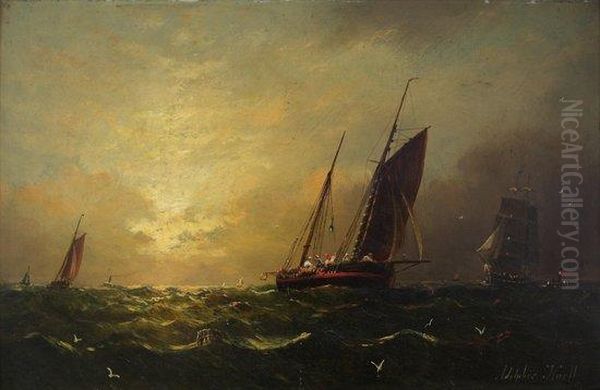 Ships At Sea Oil Painting by William Adolphu Knell