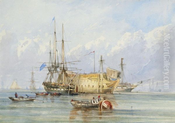 A Frigate Lying Alongside A Prison Hulk With Other Shipping Beyond Oil Painting by William Calcott Knell