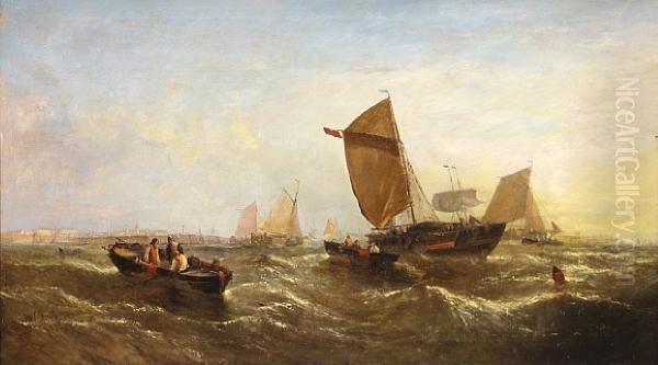 Morning: Fishing Boats Off The Coast Oil Painting by William Calcott Knell