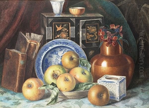 Still Life Of Apples, Books And Blue And White China; Still Life Of Fruit Oil Painting by Walter John Holmes Knewstub