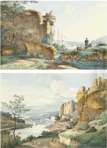 A View On The Elbe With A Herdsman And His Goat Beside A Waterfall, Ruins Beyond Oil Painting by Christian Heinrich Kniep