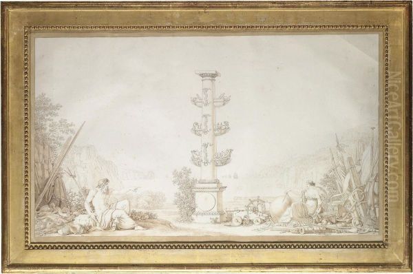 Poseidon (neptune), Athena (minerva), And A Rostral Column Oil Painting by Christian Heinrich Kniep