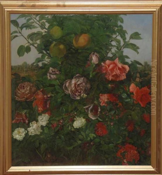 Kniepe Oil On Panel, Roses And Oranges Oil Painting by Frieda Kniep