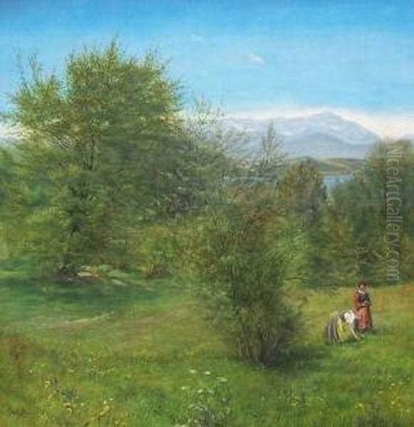 Sommerlandschaft Mit Zwei Blumen Pfluckenden Frauen Oil Painting by Frieda Kniep