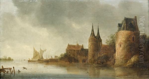 Village Fortifie Au Bord D'une Riviere Oil Painting by Wouters Kniff