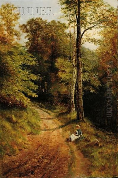 Portrait Of A Girl By A Wooded Path Oil Painting by Adam Knight