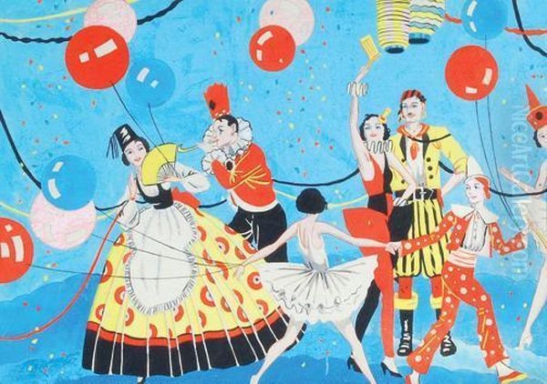 A Gouache Illustration Of Revellers In Fancy Dress Oil Painting by Adam Knight