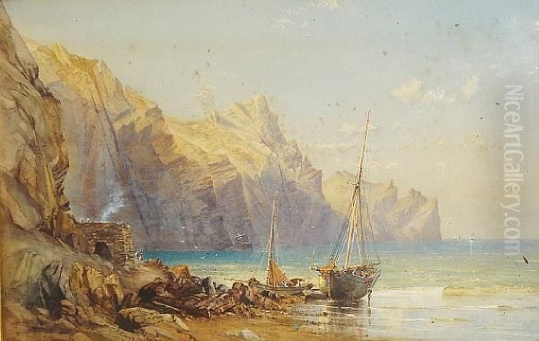 Rocky Shore Scene With Beached Fishing Boats Oil Painting by Charles Parsons Knight