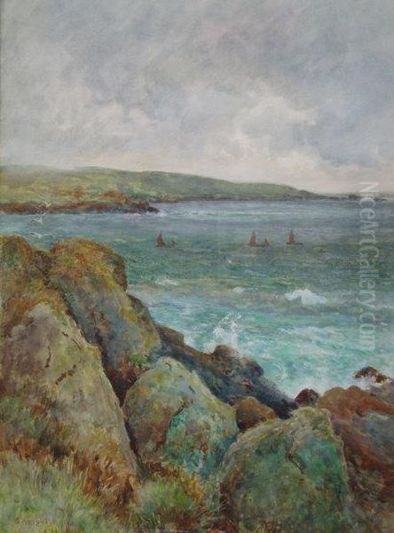 View, From Clifftops, Of Fishing Boats At Sea Off The Coast ( Probably Cornwall ) Oil Painting by Charles Parsons Knight