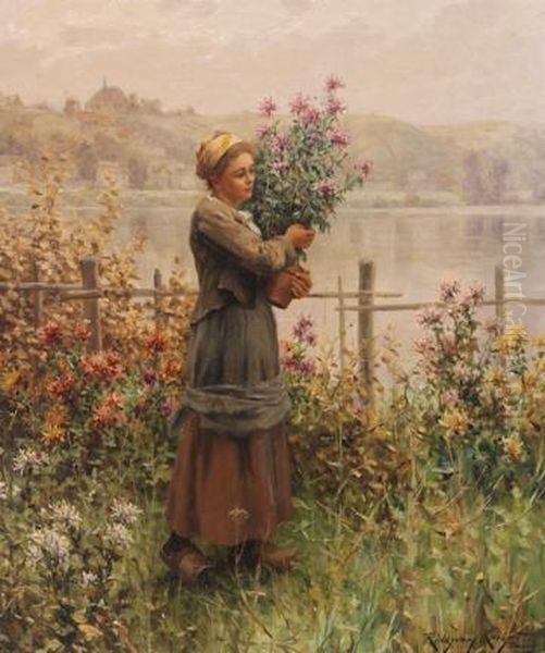 Pot Of Flowers - Woman With Flowers Oil Painting by Daniel Ridgway Knight