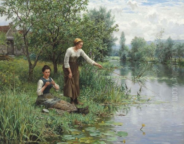 Two Women Fishing Oil Painting by Daniel Ridgway Knight