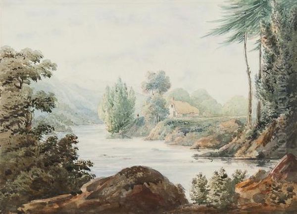 A River Landscape With A Distant Figure Alongside A Small Cottage Oil Painting by John Baverstock Knight