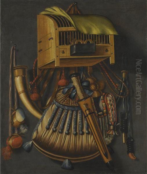 A Trompe L'oeil Still-life With A Hunting Horn And Game Pouch, Bird-of-prey Hoods And Other Hunting Paraphernalia, All Hanging Below A Bird's Cage Oil Painting by Robert Knight