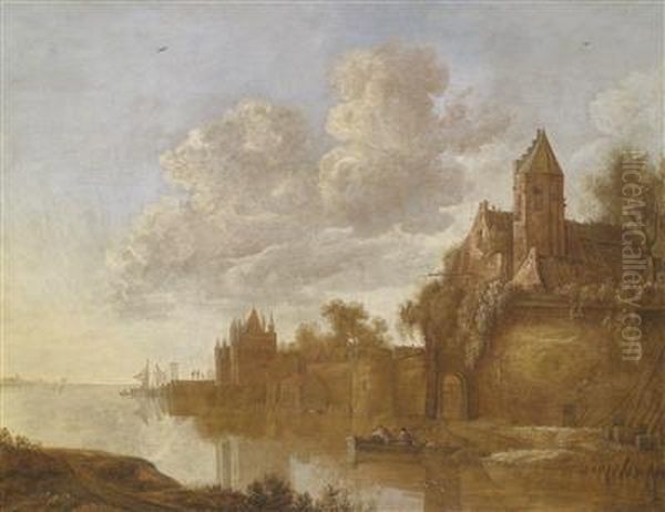 A Town Near A River, With Boats And Anglers Oil Painting by Wouter Knijff