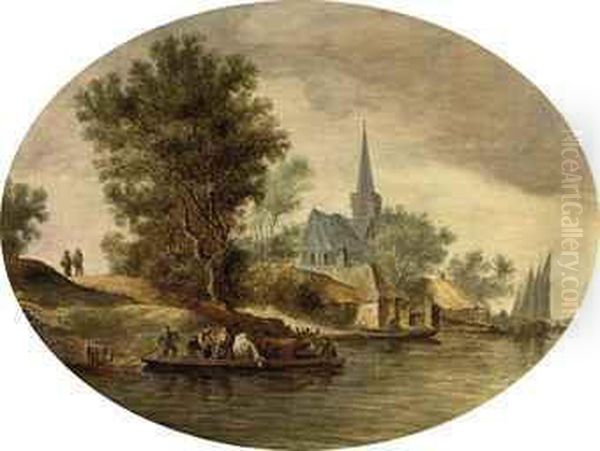 A River Landscape With A Ferry Crossing Near A Village Oil Painting by Wouter Knijff