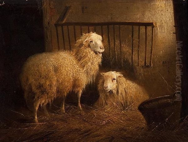 Two Sheep In The Stable Oil Painting by Joseph Augustus Knip