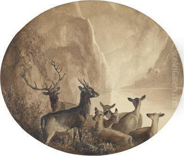 Junghirsche Und Rehe Am Wasser Oil Painting by Joseph Augustus Knip