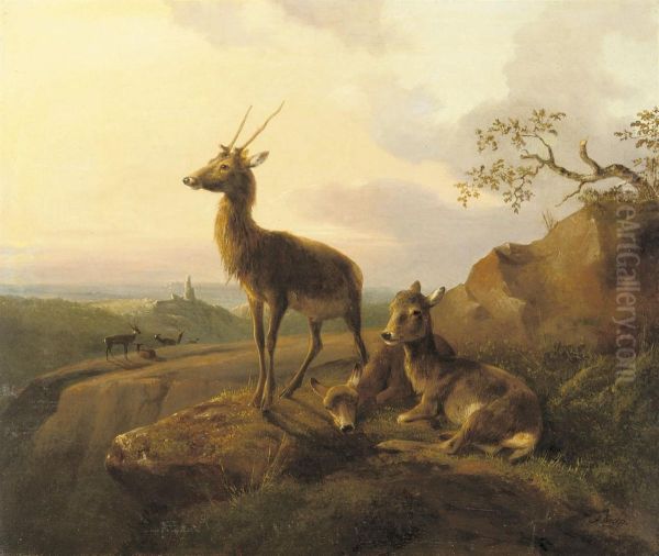 A Deer Overlooking A Valley At Dusk Oil Painting by Joseph Augustus Knip