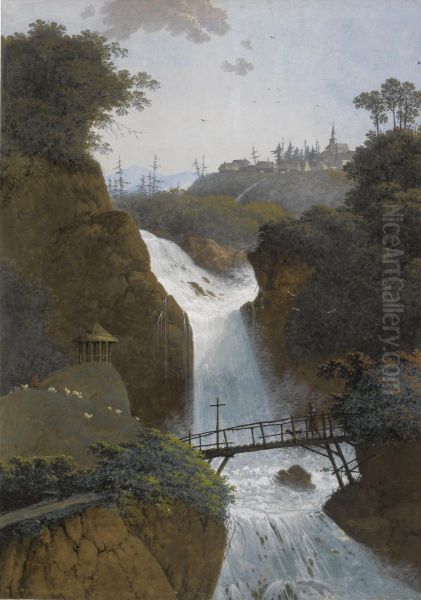 View Of A Waterfall, A Village Beyond, Said To Be Martigny,switzerland Oil Painting by Henri Knip