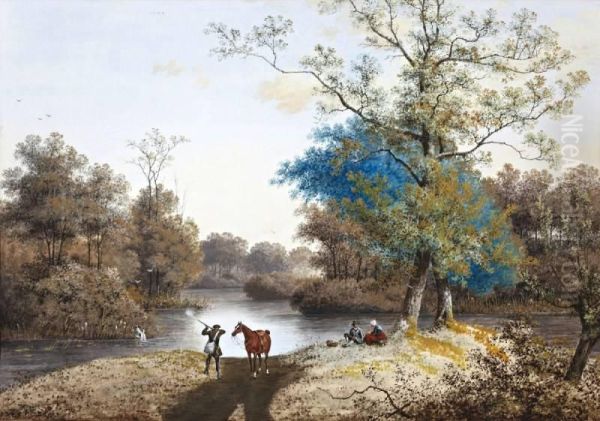 Landschap Met Jager En Romantisch Paar Aan Het Water Oil Painting by Henri Knip