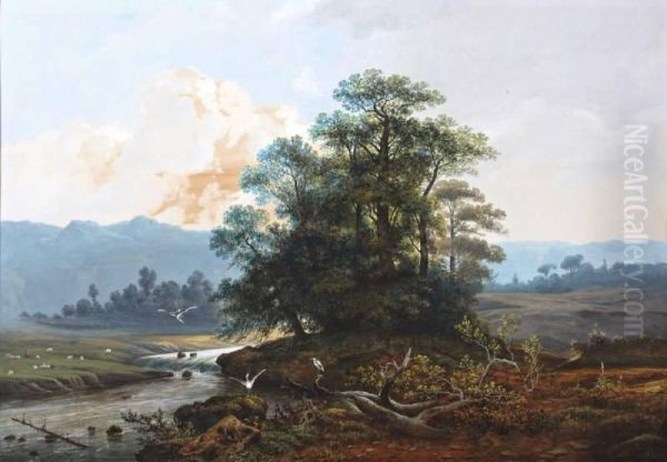 Heuvellandschap Met Reigers Bij Een Riviertje Oil Painting by Henri Knip