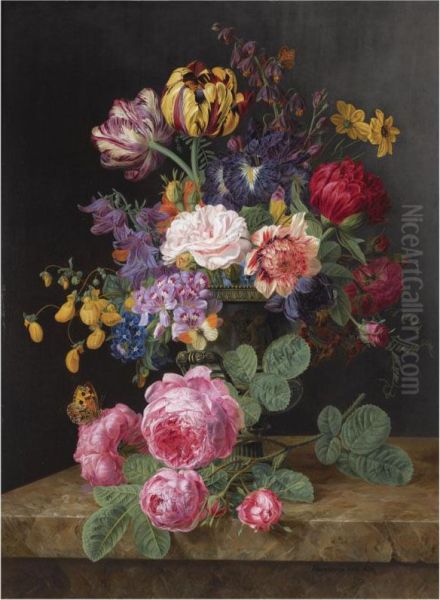 A Still Life With Roses, Tulips And Other Flowers Oil Painting by Henriette Geertruida Knip