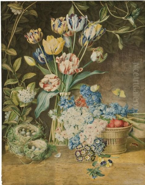 A Vase Of Tulips, With Primroses, Carnations, Hyacinths And Violasresting On A Basket Of Strawberries And Two Birds' Nests On Aledge Oil Painting by Henriette Geertruida Knip