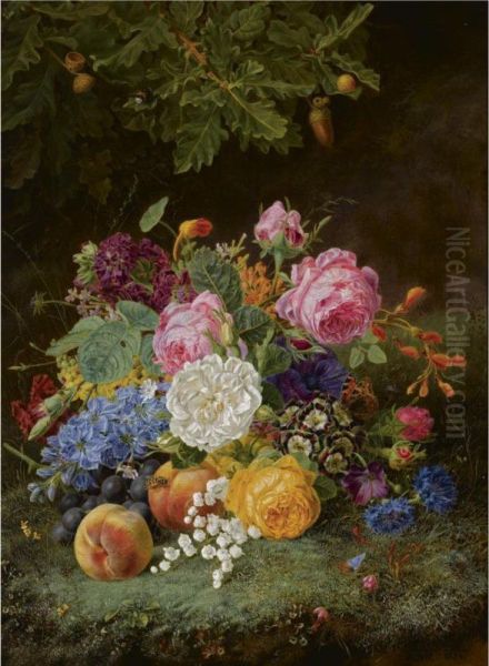 A Still Life With Flowers And Fruit On A Forest Ground Oil Painting by Henriette Geertruida Knip