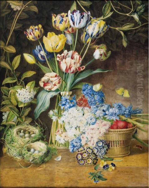 Still Life With A Vase Of Tulips, Bunches Of Hyacinths, Primula And Pansies, A Basket Of Strawberries, And Two Birds' Nests Oil Painting by Henriette Geertruida Knip