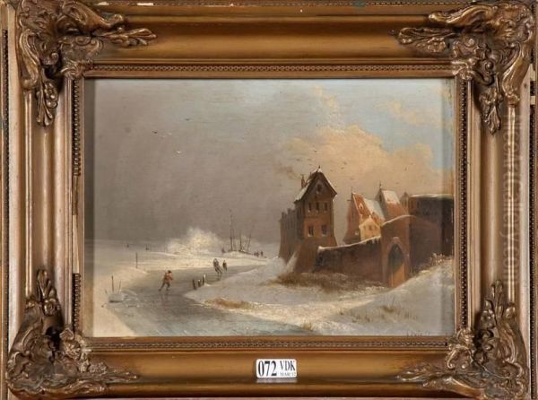 Paysage Enneige Aux Patineurs Oil Painting by Joseph Augustus Knip