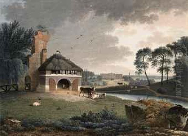 Farmyard Animals Near A Barn In A Panoramic Landscape Oil Painting by Joseph Augustus Knip