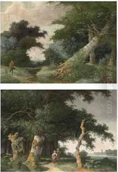 Figures In A Wooded Landscape Oil Painting by Joseph Augustus Knip