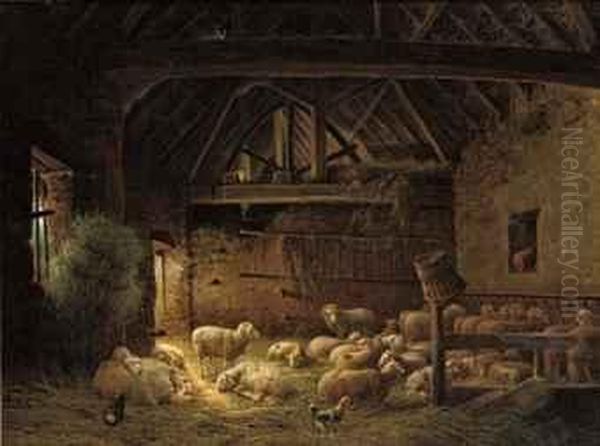 Sheep In A Barn Oil Painting by Joseph Augustus Knip