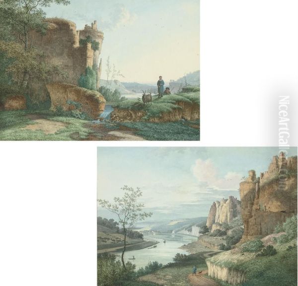 Shepherd Boys With A Dog Beneath A Ruined Castle On A Crag; And A Mountainous River Landscape Oil Painting by Joseph Augustus Knip