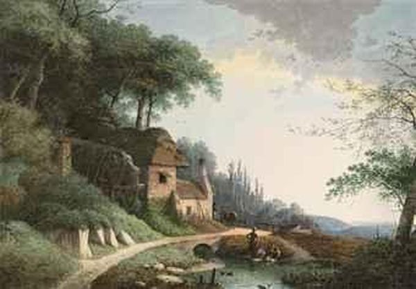 Doing The Washing Near A Stream And A Watermill Oil Painting by Martheus Derk Knip