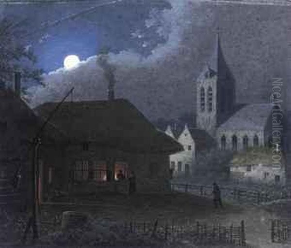 A Small Town With A Church Tower At Nightfall Oil Painting by Martheus Derk Knip