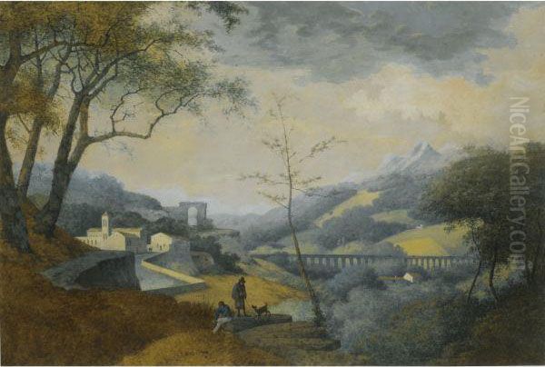 An Italianate Landscape, With A Monastery And An Aqueduct In Thevalley Below Oil Painting by Martheus Derk Knip