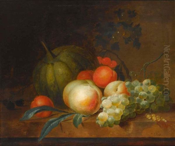 Nicolaas Frederik Knip 
 

 
 A Still Life With Two Peaches, Grapes, Plums And A Mellon, All On A Wooden Ledge Oil Painting by Nicolaes Frederik I Knip