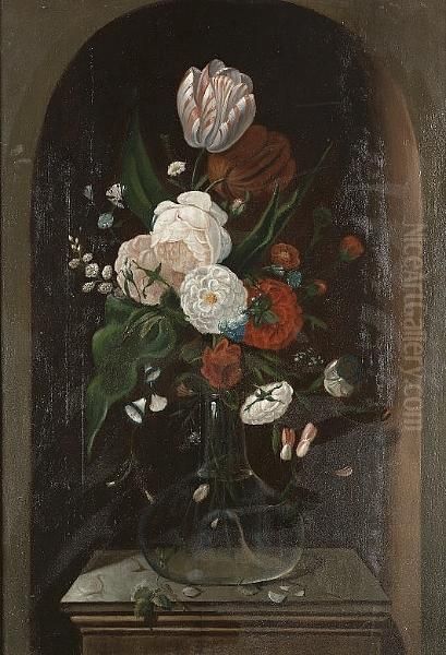 A Tulip, Roses, Chrysanthemums, Morning Glory And Other Flowers In A Glass Vase On A Plinth Oil Painting by Nicolaes Frederik I Knip