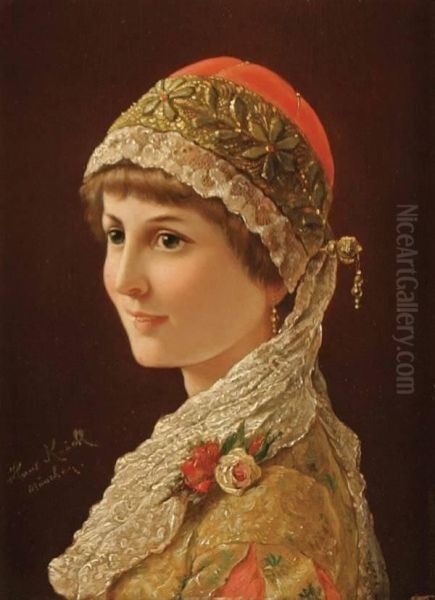 Hans Knochl , Beautiful Young Woman With Embroidered Costume Oil Painting by Hans Knochl