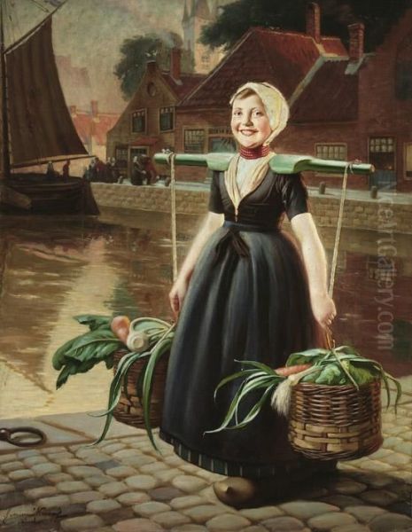 Smiling Dutch Girl Carrying A Basket Of Vegetables Oil Painting by Hermann Knopf