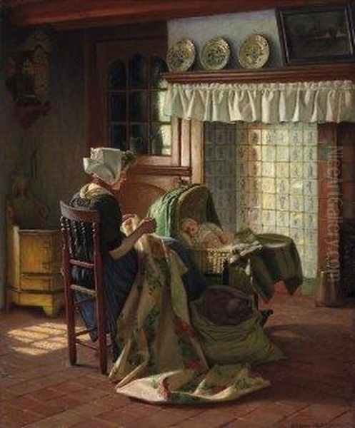 Dutch Indoor Scene. Young Mother Embroidering, Her Sleeping Child In The Cradle. Signed And Dated Bottom Right: Hermann Knopf Munchen 06 Oil Painting by Hermann Knopf