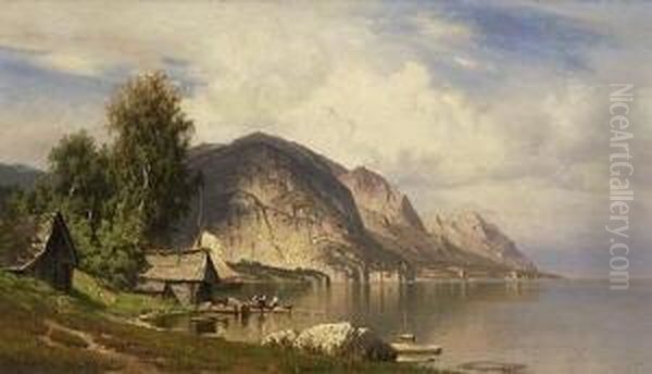 Fjordlandschaft Mit
 Fischerhutten. Oil Painting by Hugo Knorr