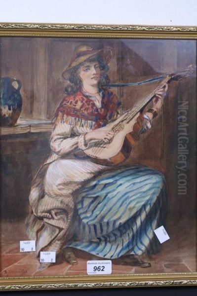 Romany Ladies, One Playing The Guitar, The Other, Seated, With A Basket, Knitting Oil Painting by Davidson Knowles