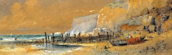 Shore With A Boat And Figures Oil Painting by George Knox