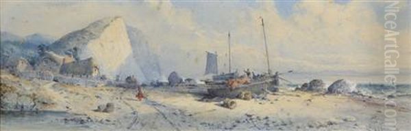 Fishing Vessels On The Shore With Figures Before White Cliffs Oil Painting by George Knox