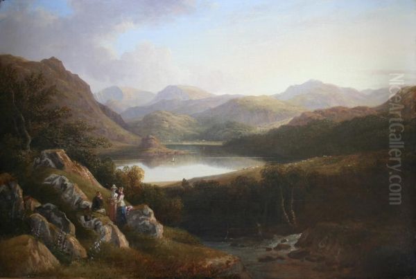 An Extensive Mountainous Landscape With Figures In The Foreground, Possibly A View In The Lake District Oil Painting by John Knox