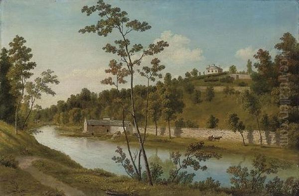 A Wooded River Landscape With A Mill, A Stately Home On A Hill Beyond by John Knox