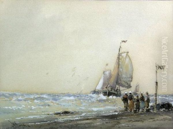 Sailing Ships And Fishing Boats On Beaches Oil Painting by William Knox