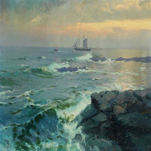 Coastal Scenery From Bornholm With Fishing Vessel Oil Painting by Peder Knudsen